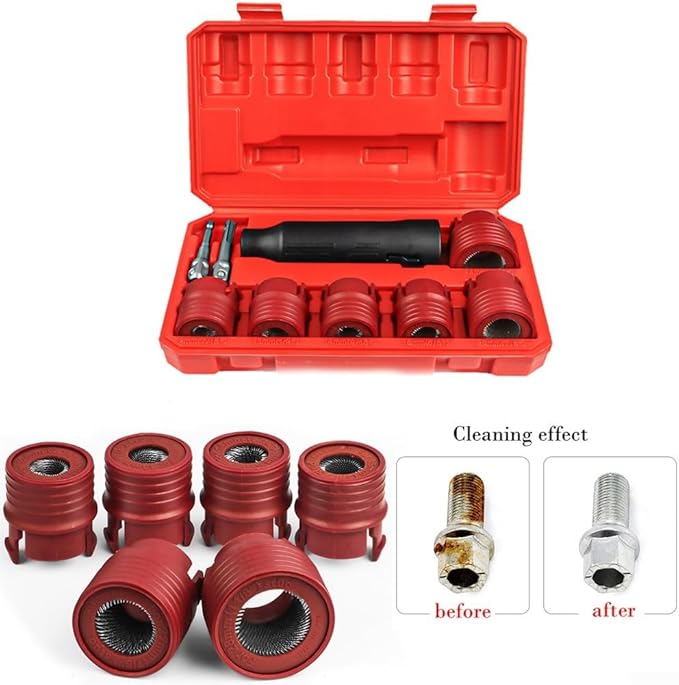 9-Piece Car Wheel Stud Cleaner Tool Set, Rust Removal Brush for 12-28mm Nuts, Drill Attachment for Impact Driver Use