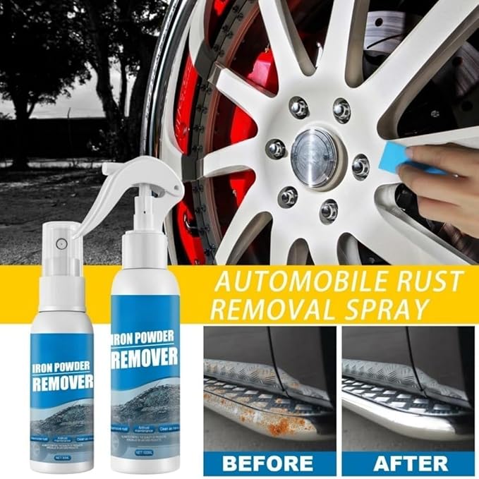 Iron Powder Remover Spray, Multi-Functional Quick-Acting Rust Removal Spray - pH Neutral & Paint Safe Car Detailing for Wheels, Rims & Metal Tools - Advanced Formula, No Damage to Surface (100 ML*1)