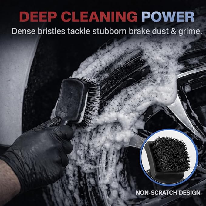 9PCS Pro Wheel & Tire Cleaning Kit - Flat Replaceable-Head Brush, Pocket Dual-Material Pads, Dual-Bristle Brushes, Boar Hair Detail Brush & Towel | Scratch-Free for All Vehicles