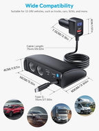 OOWOLF Retractable Cigarette Lighter Charger, 148W Car Charger Adapter 6 USB Ports, USB QC3.0 + PD3.0 Fast Charging, 70cm USB-C Charging Cable, Car Accessories, Compatible with 12/24V Vehicles