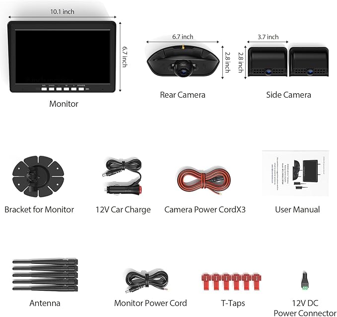 ZEROXCLUB 10.1" RV Backup Camera Wireless System Plug and Play, Pre-Wired for Furrion RV Trailer Camper Motorhome, HD 1080P Split-Screen DVR Monitor with 1 Rear View & 2 Side View Cameras, BY503