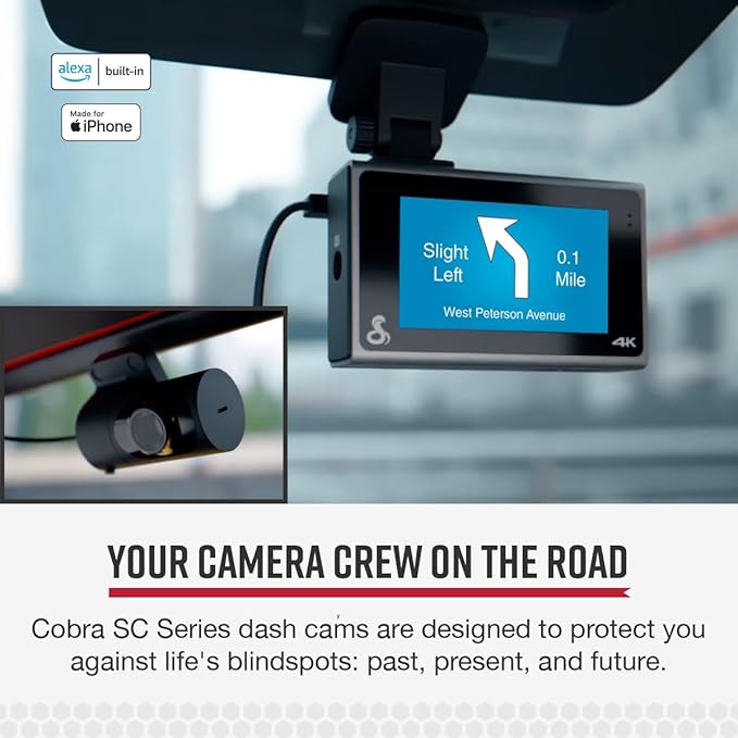 Cobra Smart Dash Cam + Rear Cam (SC 400D) – UHD 4K Resolution, Alexa Built-In, 3-Camera Capable, Live Police Alerts, Emergency Mayday, Drive Smarter App, 3" Touchscreen, Wi-Fi & GPS, 32GB SD Card Incl