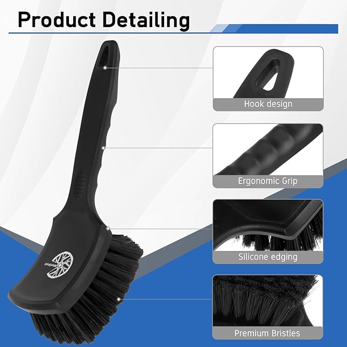 MVEQRRN 2Pack Car Wheel & Tire Detailing Brush Set,Stiff Bristle tire Brush for CleaningTires, Wheel Cleaner Brush with Soft Bristles,Car Wheel Cleaning Brush for Alloy Rims, Carpet,Tires,RVs (Black)