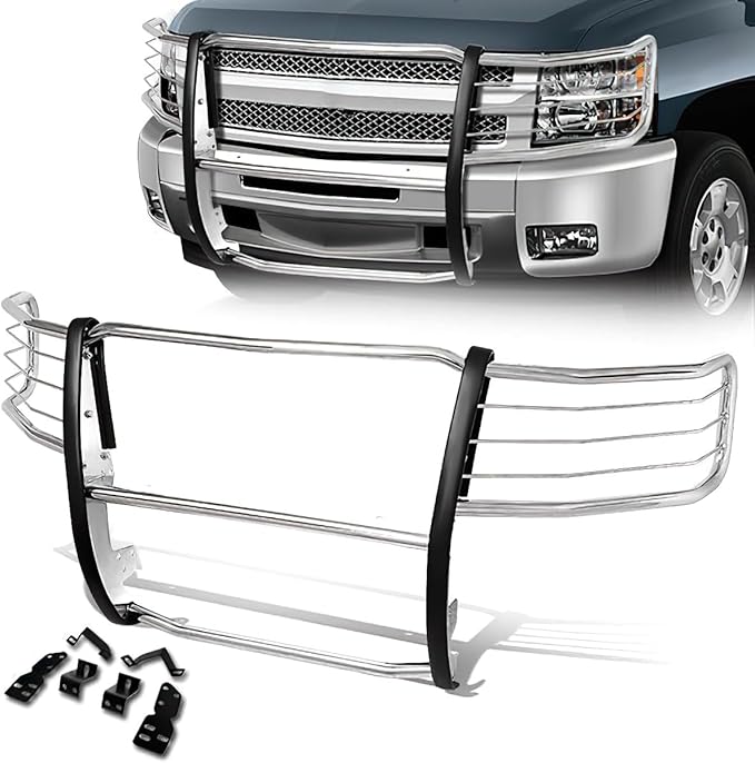 Front Bumper Brush Grille Guard Compatible with 2007-2013 Chevy Silverado 1500, Stainless Steel, Polished Chrome 2008 2009 2010 2011 2012