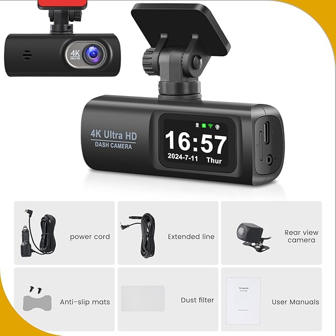 4K Dash Cam with WiFi, 4K Front+1080P Rear, Dual Camera, Gravity Sensing, Parking Monitoring, Loop Recording, Night Vision, Parking Mode