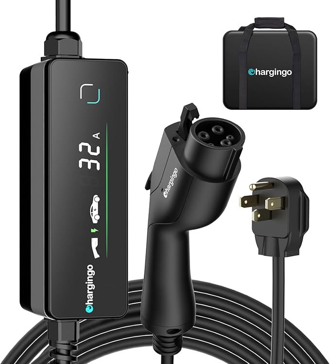 Level 2 EV Charger for SAE J1772 E, 32A 240V Portable EV Charger with NEMA 14-50 Plug, 25FT Cable, Adjustable 16A-32A, LCD Display, Plug-and-Play Fast Charging Station for Home/Outdoor