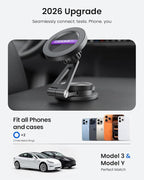 LOXP Upgrade Tesla Phone Mount [Strong Magnetic & Foldable] Aluminum Car Mount for Tesla Model 3/Y/Juniper, 360 Rotating Tesla Phone Holder Fits for iPhone 17 16 15 Pro Max, Tesla Accessories