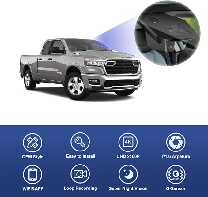 Fitcamx 4K Dash Cam Suitable for RAM 1500 2025 2026 RHO (HD2-D4120), Integrated OEM Look, UHD 2160P Video, Built-in WiFi & APP, Loop Recording, Collision Sensor, Night Vision, Plug & Play, 64GB Card