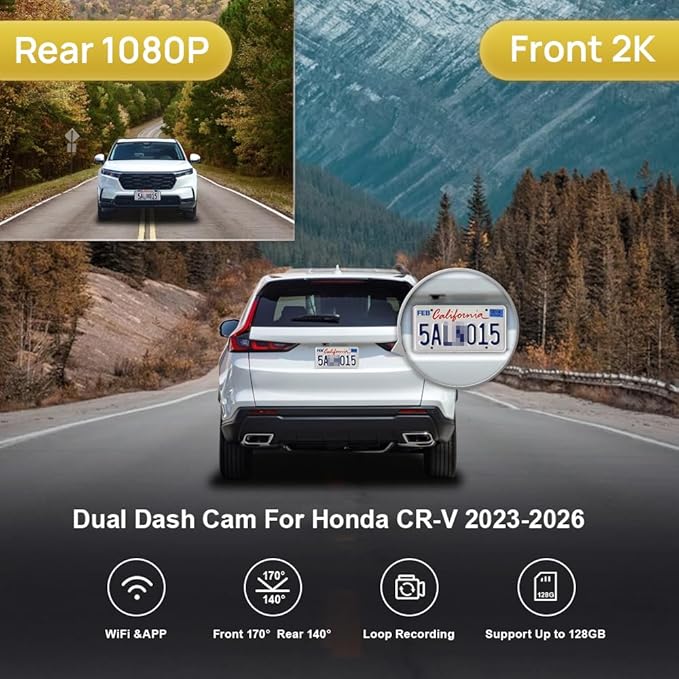 Fitcamx Front 2K+Rear 1080P Dash Cam Adapts for Honda CR-V 2023-2026 Hybrid (Grey), OEM Factory Style, Dual HD Video, WiFi & APP, Loop Recording, Collision Detection, Easy to Operate, 64GB Card