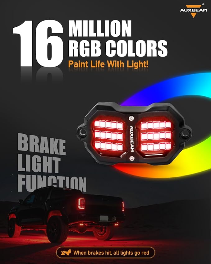 Auxbeam 2 Pods RGB Rock Lights (No Controller), Bluetooth & Remote Control, Dynamic Color Changing LED Wheel Well Lights w/Brake&Music&Voice Mode, Underglow for Truck ATV UTV, 1 Year Warranty
