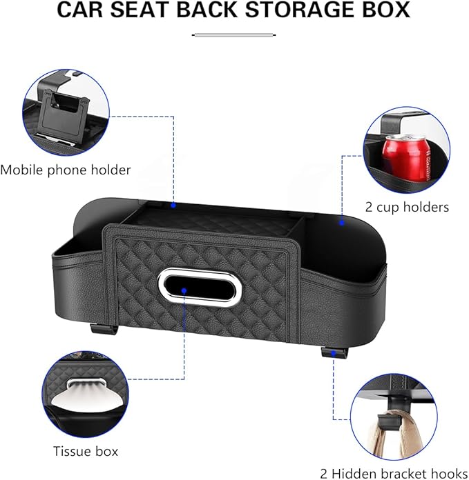 Mandark Car Headrest Backseat Organizer, Multifunctional Vehicle Seat Back Storage Box with Drink Cup Holder and Hooks, Automotive Travel Accessories, Universal for SUV, Sedan, Truck (Black)