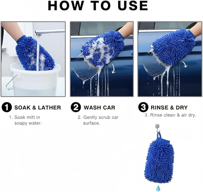 Chenille Microfiber Car Wash Mitt, Scratch Free Reusable Cleaning Glove, Soft Absorbent Auto Detailing Wash Mitt for Car Exterior & Interior – 1 Pack (Blue)
