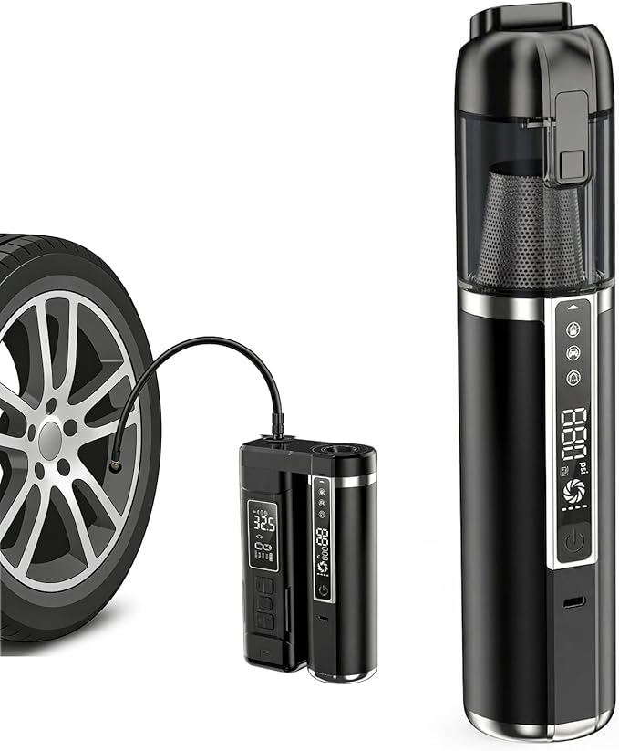 Mini 3-in-1 Car Vacuum & Tire Inflator, 18000Pa Brushless Motor, 150PSI Smart Air Pump for E-Bike/Motorcycle/Car, Cordless Handheld Vac with LED Lantern