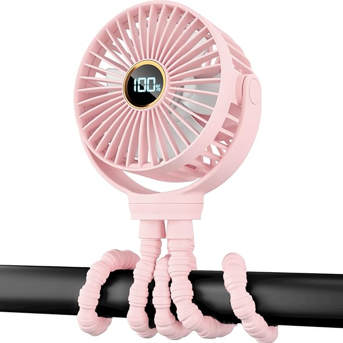 Portable Stroller Mini Fan, Small Rechargeable Personal Cooler w/ 360° Rotation, 3-Speed, Display, Battery Powered Stroller Accessories, Baby Essentials for Car Seat, Crib, Bike, Treadmill, Sakura