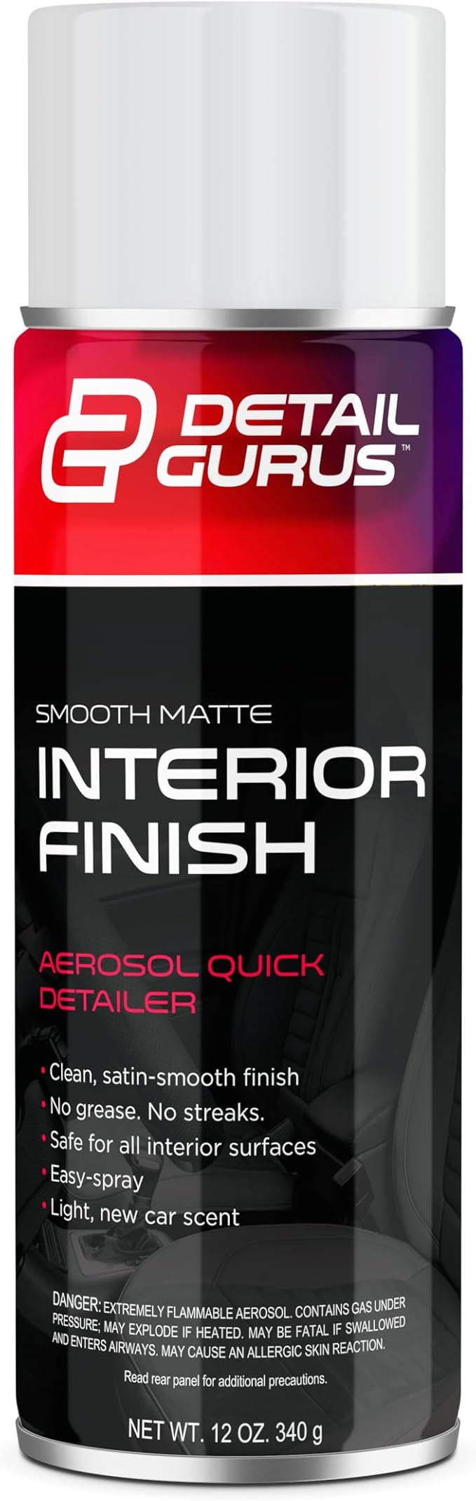 Detail Gurus Automotive Matte Interior Quick Detailer – Aerosol Spray for Smooth Matte Finishes – Streak-Free, Non-Greasy Cleaner with Light New Car Scent – Dash, Trim & Panels – 12oz Can