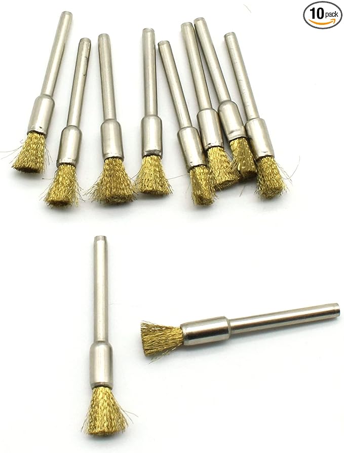 TMAX 10 pc Brass Bristle 1/4 Inch Pen Wire Brush with 1/8 Inch Shank for Dremel and Other Rotary Tools on Rust Removal, Corrosion and Scrub Surfaces