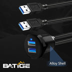 BATIGE Alloy Dual Port USB 3.0 Car Dashboard Flush Mount Cable, Male to Female with LED Indicator Extension Cable for Car Truck Boat Motorcycle Dashboard Panel - 3ft
