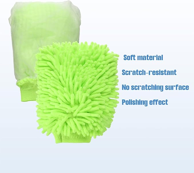 HARFINGTON 4pcs Chenille Microfiber Car Wash Mitts 9" x 5.5" Scratch Free Wash Gloves Absorbent Double Sided Plush Cleaning Drying Mitts for Car Washing Home Clean Blue Lime Green