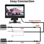 Hikity 7'' Backup Camera Monitor Kit, Dual RV Reverse Camera System for Trucks/SUV/Bus/Pickup, Plug & Play, 1080P HD, Night Vision, Wide Angle, IP69 Waterproof Rear View Camera, (49.2ft Video Cable)