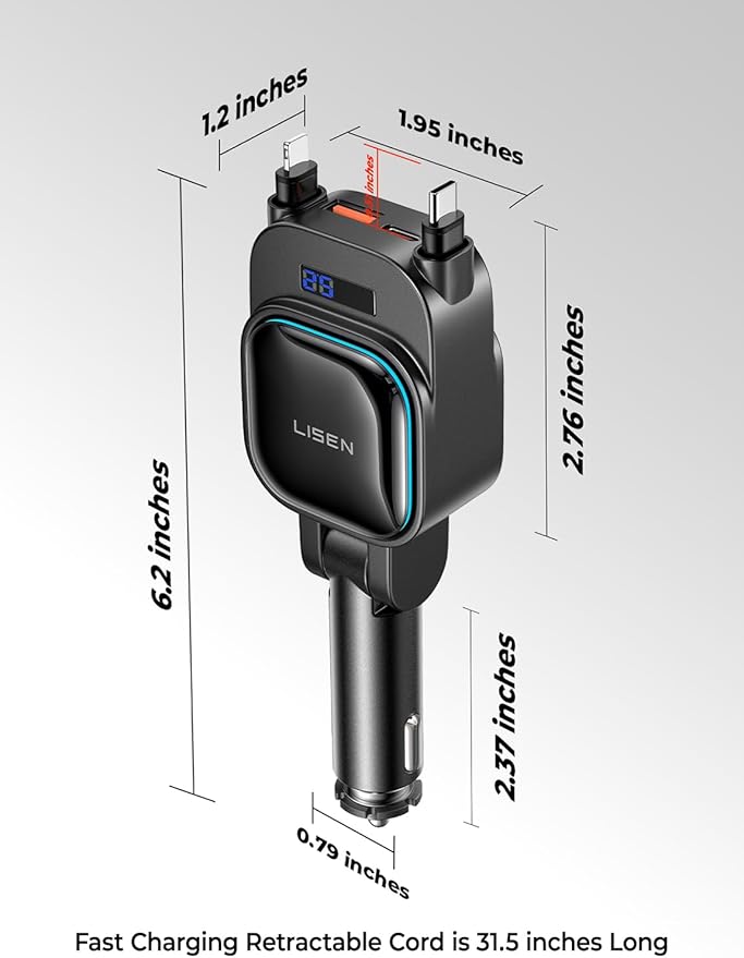 LISEN 96W for iPhone 17 Pro Max Retractable Car Charger [USB C & L Cable], 4 in 1 Fast Charging Retractable Car Charger Cigarette Adapter for iPhone 16 15 14 13 12,Samsung Galaxy S25 S24, Android