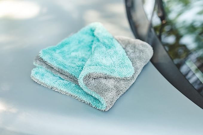 The Rag Company, The Liquid8r, Absorbent 70/30 Blend Microfiber Drying Towel for Cars, Trucks, and SUVs, Safe for Detailing, Scratch-Free, Twist Loop, 1100 GSM, 16x16 Inches, Aqua Blue/Grey, 2-Pack