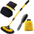 BMLEI Car Wash Brush with Long Handle, Chenille Microfiber Mop Mitt with 1 Replacement Head, Wheel Brush Extension Pole Cleaning Kit & Towels for Cars & Trucks - 5PCS