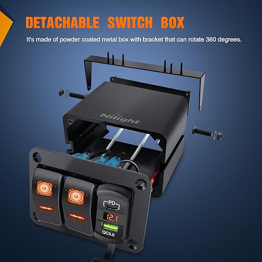 Nilight 2 Gang Rocker Switch Box 12V SPST ON Off Toggle Switches PD Type C and QC 3.0 USB Sockcet Voltmeter Orange LED Light Waterproof Aluminum Mount Bracket Panel DIY Stickers for Boat Car RV Truck