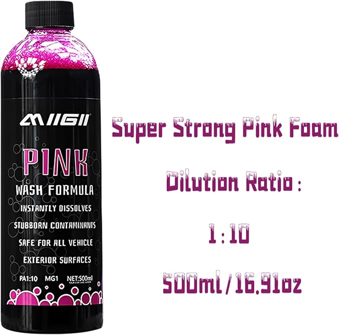 MIIGII Pre-Wash Solution Car Wash Soap - Pink Foam Car Shampoo - Powerful Formula Penetrates and Breaks Down Tree Sap, Bird Droppings & Tough Stains - Works on RVs, Trucks, Cars & More - 500ml (17oz)