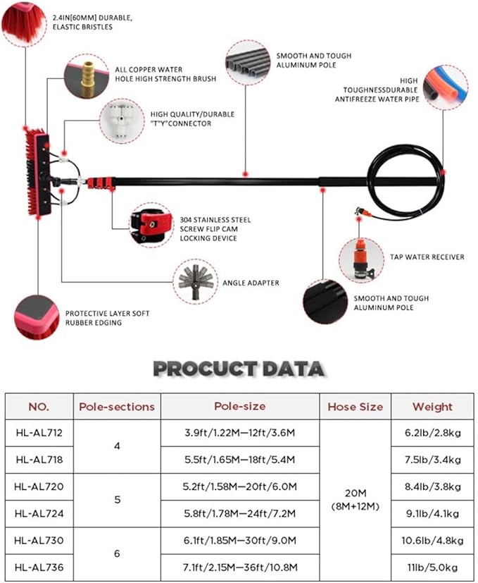 Water Fed Telescopic Pole & Brush for Solar Panel & Window Cleaning - Ideal for Glass, Trucks & Vans - Efficient Water Fed System for Easy Reach & Sparkling Clean