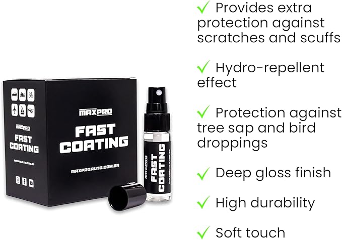 MaxPro Fast Coating: Providing long-lasting protection and deep shine for your vehicle, with easy application, high repellency, and extra scratch resistance, ensuring brilliance and durability.