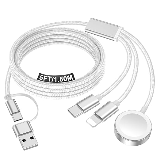 Travel Essentials for Apple Watch Charger,iPhone Charger,3 in 2 Type C/L/Magnetic Fast Charging Cable,Multi Charging Cable Portable Designed for iWatch Series,iPhone 17-11,Galaxy S26-S21,Car-5FT