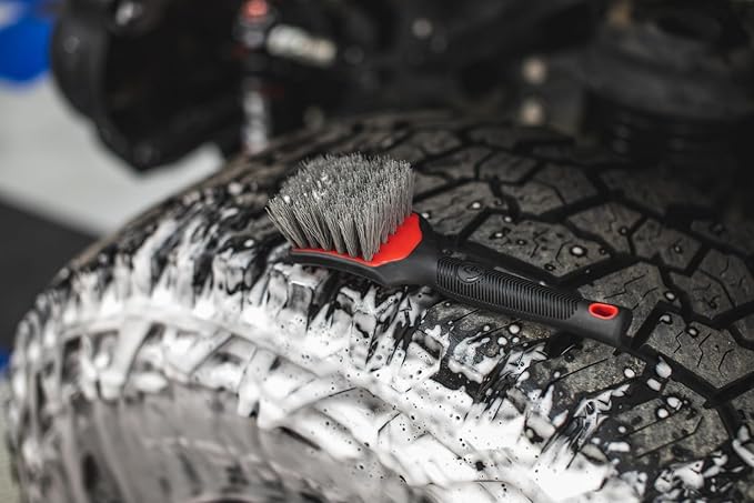 Detail Factory - ProGrip Tire Brush - Ergonomic ProGrip Handle, Stiff Synthetic Bristles, Ergonomic Design, Clean Your Tires with Ease - Red