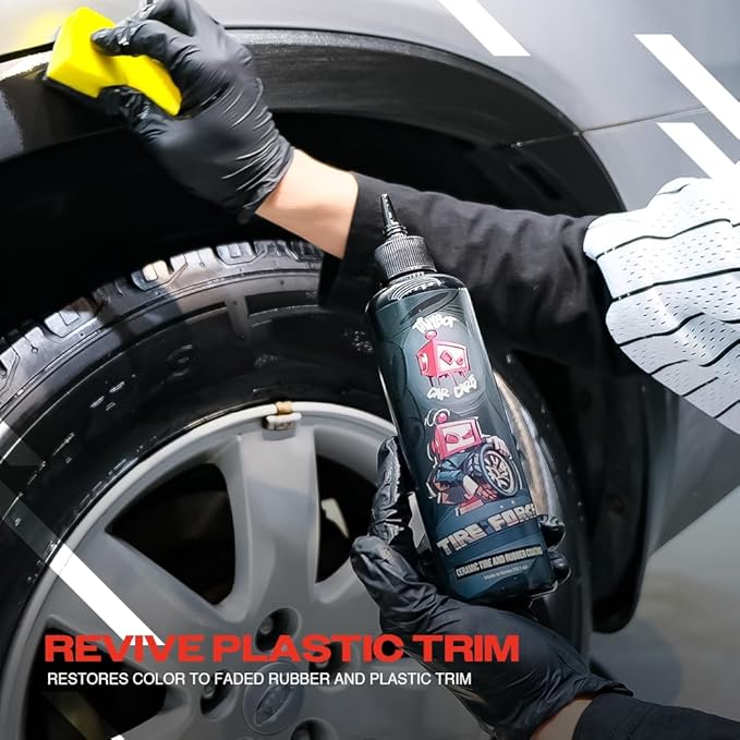 Tinybot Tire Force - Tire Dressing, Safe on Rubber, Plastic & Vinyl - Ceramic Formula - Deep Satin Finish, Hydrophobic, UV Protection- Repels Dirt, Grime & Contaminants - 10.1 oz