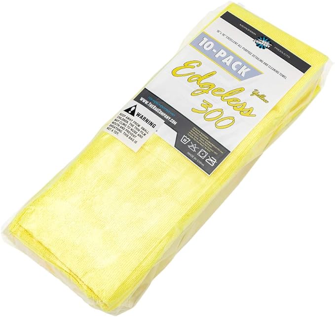 The Rag Company - Edgeless 300 - Microfiber Detailing Towels, Perfect for Removing Polishes, Sealants, and Glaze; Great for Interior Cleaning and Dirty Jobs; 300GSM, 16in x 16in, Yellow (10-Pack)