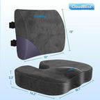 CloudBliss Lumbar Support Pillow & Seat Cushion Set for Office Chair, Desk Chair, Wheelchair & Car – Memory Foam Back Support, Ergonomic Chair Cushions, Sciatica Pain Relief, Home Essentials, Grey