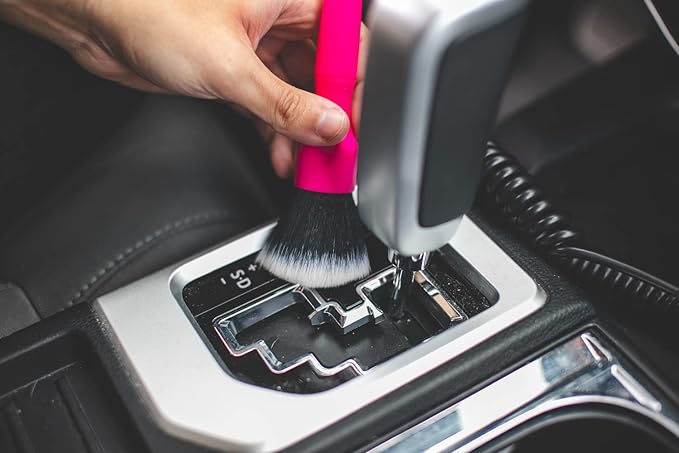 Detail Factory - Synthetic Detailing Brush - Ultra-Soft Bristles, Comfortable Grip and Scratch-Free Cleaning for Exterior, Interior, Emblems, Badges, Instrument/Gauge Panels (Pink, Short)