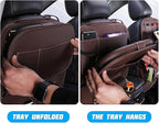 Car Seat Back Organizer, Leather Vehicle Seatback Storage Pocket with Foldable Table Tray, Multifunctional Automotive Backseat Protectors Kick Mats Accessories, Universal Fit (Brown)