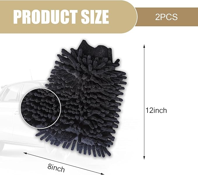 2 PCS Car Microfiber Wash Mitt, 5.51In X 9.05In Chenille, for Car Washing, Elastic Cuff Multi-Purpose Wash Mitt Cleaning Kit (Black)