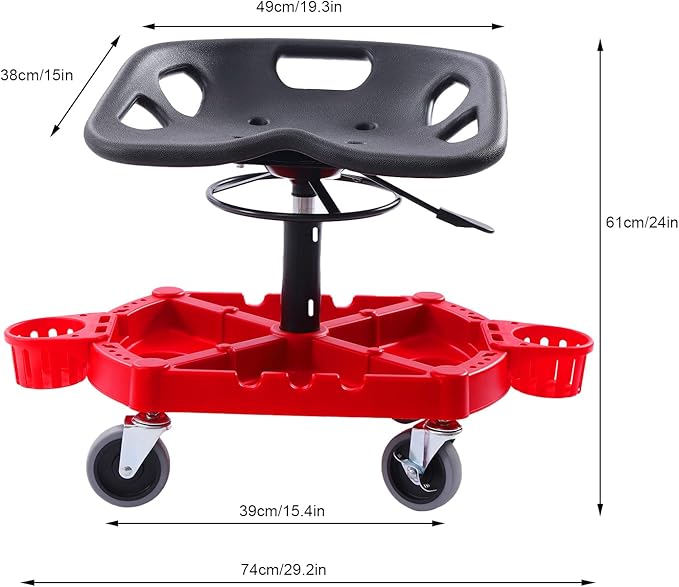 Rolling Garage Stool, 300 LBS Capacity, Adjustable Height, Parts Tray with Bottle Holders, Car Detailing Stool Chair Shop Stool for Car Cleaning Buffer Polisher Ceramic Coating
