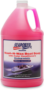 Marine Seapower Wash-N-Wax Boat Soap - Highly Concentrated Carnauba Wax - Ceramic Formulation - Delivers a Deep Clean & Glossy Protected Finish - pH Neutral Formula - Cherry Scent, 1 Gallon (128 oz)
