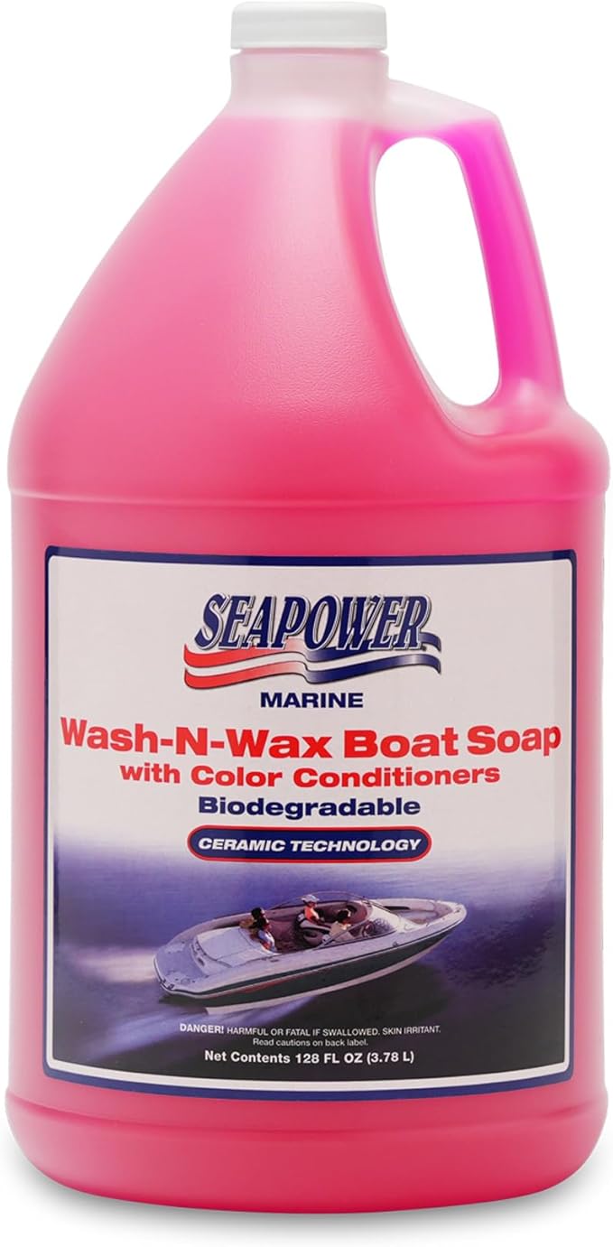 Marine Seapower Wash-N-Wax Boat Soap - Highly Concentrated Carnauba Wax - Ceramic Formulation - Delivers a Deep Clean & Glossy Protected Finish - pH Neutral Formula - Cherry Scent, 1 Gallon (128 oz)