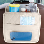 Car Seat Back Organizer, Leather Multipurpose Collapsible Vehicle Backseat Hanging Bag, Portable Automotive Interior Seat Storage Organizer, Universal for SUV RV Truck (Beige)