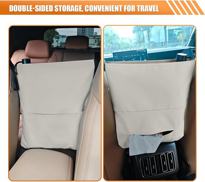 Car Handbag Holder Between Seats, Luxury Leather Car Purse Holder with Tissue Box, Multi-Pocket Large Capacity Storage Bag, Hanging Auto Organizer Pets Kids Barrier for Safe Driving (Beige)