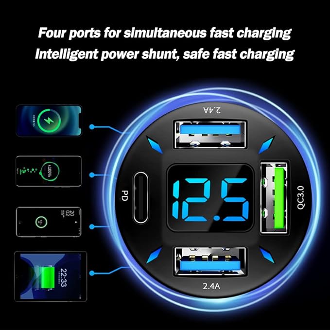 4 Ports USB Car Charger USB Adapter with Voltmeter,Type C Port PD 3.1/QC 3.0 Super Fast Charging Car Cigarette Lighter Plug for iPhone 14 13 12,S22 S21 S20,iPad Pro& More Mobil Phone (Black)