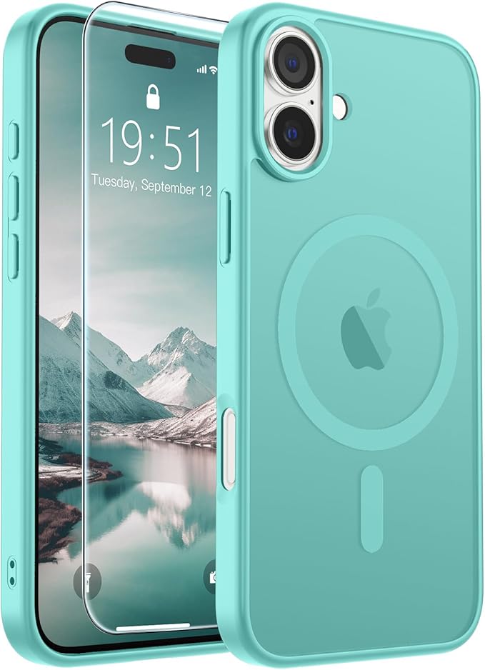 SUPFINE Magnetic for iPhone 16 Plus Case with Screen Protector (Compatible with MagSafe) (Military Grade Drop Protection) Translucent Matte Shockproof with Anti-Fingerprint Phone Case, Blue Green