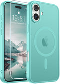 SUPFINE Magnetic for iPhone 16 Plus Case with Screen Protector (Compatible with MagSafe) (Military Grade Drop Protection) Translucent Matte Shockproof with Anti-Fingerprint Phone Case, Blue Green