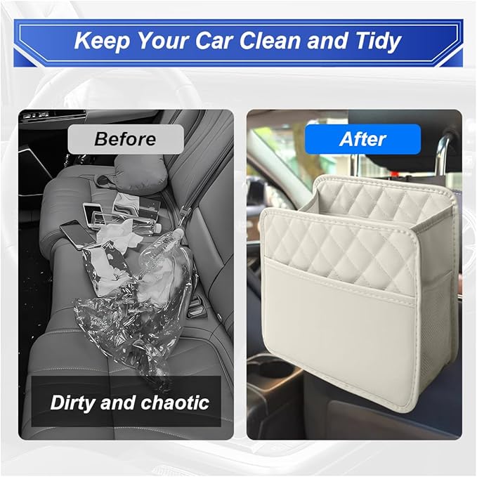 ZIMISI Car Back Seat Organizer, Waterproof Leather Automotive Backseat Hanging Bag with Cup Holders, Large Capacity Car Trash Can, Vehicle Travel Accessories for Most Vehicles (2PCS/Beige)