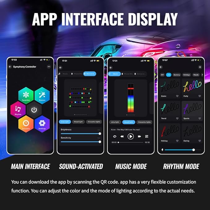 Acrylic Car Led Lights Interior with APP,Universal RGB Acrylic Ambient Lighting Car Kit,175 inch Neon Flexible Fiber Optic Led Strip Music Sync Lights for Car,6 in 1 USB Power Dashboard Decorations