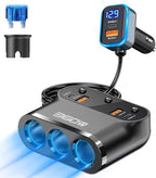Cigarette Lighter Splitter Adapter 360W: Car 12v Splitter 3 Socket Car Charger Extension Triple USB C 36W and QC3.0 18W Ports 12 Volt Power Outlet DC with Button Switch LED Voltmeter 15A Fuse