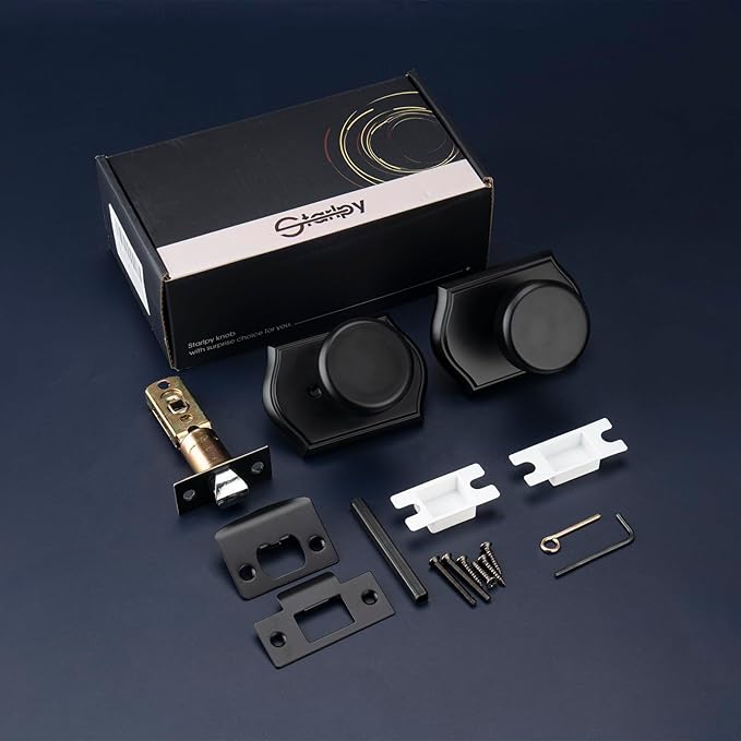 6 Pack Pismo Doorknobs with Lock for Hall, Black Interior Door Knobs with Camelot Trim